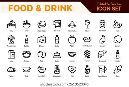Food and Drink Icons Collection. Vector-Based Icons for Cooking, Dining, Beverages, Restaurant, and Fast Food Design