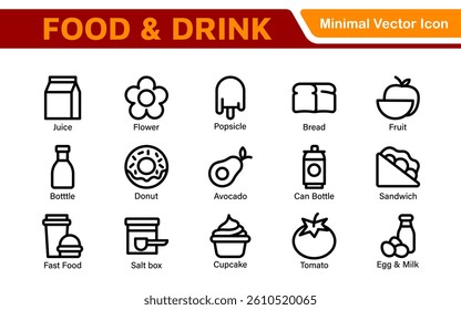 Food and Drink Icons Collection. Vector-Based Icons for Cooking, Dining, Beverages, Restaurant, and Fast Food Design