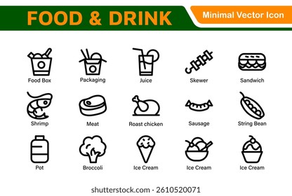 Food and Drink Icons Collection. Vector-Based Icons for Cooking, Dining, Beverages, Restaurant, and Fast Food Design