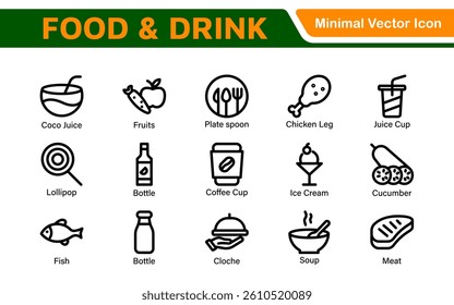 Food and Drink Icons Collection. Vector-Based Icons for Cooking, Dining, Beverages, Restaurant, and Fast Food Design