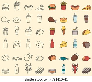 Food and drink icons. Fast food and every day food icons. Outline design style. Vector 
