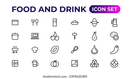 food and drink icons. filled icons such as drink water,apple leaf,pack,kitchen pack,barbecue grill,raspberry leaf,boiler,wine bottle and glass.
