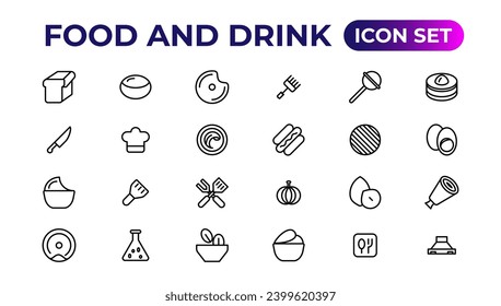 food and drink icons. filled icons such as drink water,apple leaf,pack,kitchen pack,barbecue grill,raspberry leaf,boiler,wine bottle and glass.
