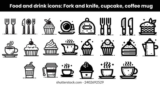 Food and drink icons, Fork and knife, cupcake, coffee mug, icons set, black and white, white background, vector look, line icons