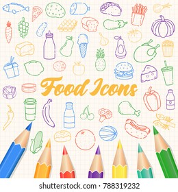 Food and drink icons. Fruits, Vegetables, Fast food and every day food icons. Outline design style. Vector 