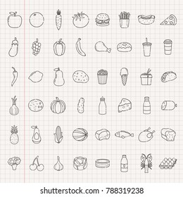 Food and drink icons. Fruits, Vegetables, Fast food and every day food icons. Outline design style. Vector 