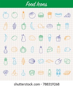 Food and drink icons. Fruits, Vegetables, Fast food and every day food icons. Outline design style. Vector 