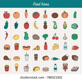 Food and drink icons. Fruits, Vegetables, Fast food and every day food icons. Outline design style. Vector 