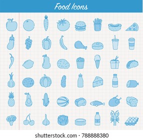 Food and drink icons. Fruits, Vegetables, Fast food and every day food icons. Outline design style. Vector illustration