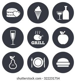 Food, drink icons. Grill, burger and ice cream signs. Chicken, champagne and apple symbols. Gray flat circle buttons. Vector