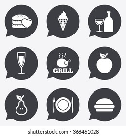 Food, drink icons. Grill, burger and ice cream signs. Chicken, champagne and apple symbols. Flat icons in speech bubble pointers.