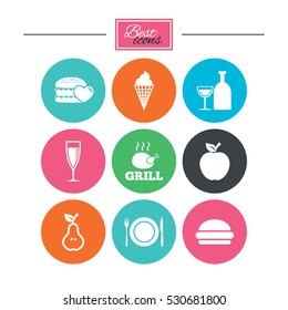 Food, drink icons. Grill, burger and ice cream signs. Chicken, champagne and apple symbols. Colorful flat buttons with icons. Vector