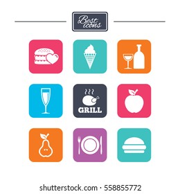 Food, drink icons. Grill, burger and ice cream signs. Chicken, champagne and apple symbols. Colorful flat square buttons with icons. Vector