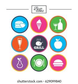 Food, drink icons. Grill, burger and ice cream signs. Chicken, champagne and apple symbols. Classic simple flat icons. Vector