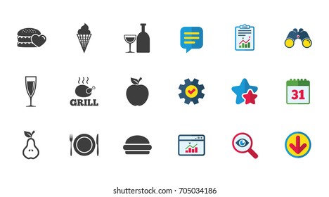 Food, drink icons. Grill, burger and ice cream signs. Chicken, champagne and apple symbols. Calendar, Report and Download signs. Stars, Service and Search icons. Statistics, Binoculars and Chat