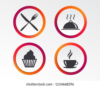 Food and drink icons. Muffin cupcake symbol. Fork and knife sign. Hot coffee cup. Food platter serving. Infographic design buttons. Circle templates. Vector