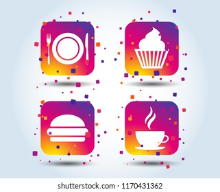Food and drink icons. Muffin cupcake symbol. Plate dish with fork and knife sign. Hot coffee cup and hamburger. Colour gradient square buttons. Flat design concept. Vector