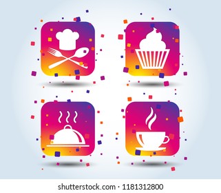 Food and drink icons. Muffin cupcake symbol. Fork and spoon with Chef hat sign. Hot coffee cup. Food platter serving. Colour gradient square buttons. Flat design concept. Vector