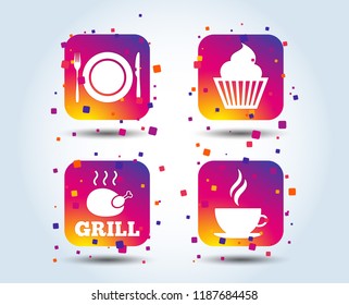Food and drink icons. Muffin cupcake symbol. Plate dish with fork and knife sign. Hot coffee cup. Colour gradient square buttons. Flat design concept. Vector