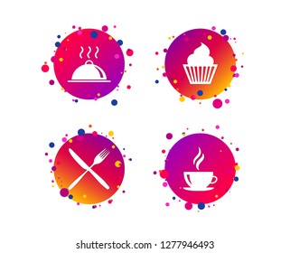Food and drink icons. Muffin cupcake symbol. Fork and knife sign. Hot coffee cup. Food platter serving. Gradient circle buttons with icons. Random dots design. Vector