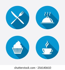 Food and drink icons. Muffin cupcake symbol. Fork and knife sign. Hot coffee cup. Food platter serving. Circle concept web buttons. Vector