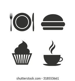Food and drink icons. Muffin cupcake symbol. Plate dish with fork and knife sign. Hot coffee cup and hamburger. Flat icons on white. Vector