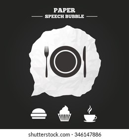 Food and drink icons. Muffin cupcake symbol. Plate dish with fork and knife sign. Hot coffee cup and hamburger. Paper speech bubble with icon.