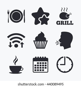 Food and drink icons. Muffin cupcake symbol. Plate dish with fork and knife sign. Hot coffee cup. Wifi internet, favorite stars, calendar and clock. Talking head. Vector