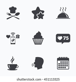 Food and drink icons. Muffin cupcake symbol. Fork and spoon with Chef hat sign. Hot coffee cup. Food platter serving. Flat talking head, calendar icons. Stars, like counter icons. Vector