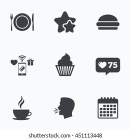 Food and drink icons. Muffin cupcake symbol. Plate dish with fork and knife sign. Hot coffee cup and hamburger. Flat talking head, calendar icons. Stars, like counter icons. Vector