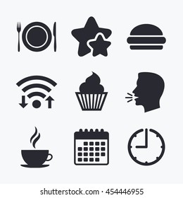 Food and drink icons. Muffin cupcake symbol. Plate dish with fork and knife sign. Hot coffee cup and hamburger. Wifi internet, favorite stars, calendar and clock. Talking head. Vector