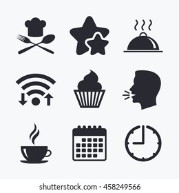 Food and drink icons. Muffin cupcake symbol. Fork and spoon with Chef hat sign. Hot coffee cup. Food platter serving. Wifi internet, favorite stars, calendar and clock. Talking head. Vector