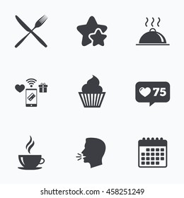 Food and drink icons. Muffin cupcake symbol. Fork and knife sign. Hot coffee cup. Food platter serving. Flat talking head, calendar icons. Stars, like counter icons. Vector