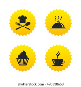 Food and drink icons. Muffin cupcake symbol. Fork and spoon with Chef hat sign. Hot coffee cup. Food platter serving. Yellow stars labels with flat icons. Vector