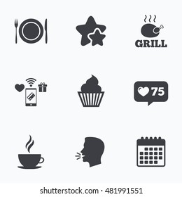 Food and drink icons. Muffin cupcake symbol. Plate dish with fork and knife sign. Hot coffee cup. Flat talking head, calendar icons. Stars, like counter icons. Vector