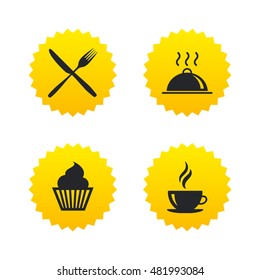 Food and drink icons. Muffin cupcake symbol. Fork and knife sign. Hot coffee cup. Food platter serving. Yellow stars labels with flat icons. Vector