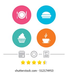 Food and drink icons. Muffin cupcake symbol. Plate dish with fork and knife sign. Hot coffee cup and hamburger. Calendar, cogwheel and report linear icons. Star vote ranking. Vector