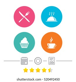 Food and drink icons. Muffin cupcake symbol. Fork and knife sign. Hot coffee cup. Food platter serving. Calendar, cogwheel and report linear icons. Star vote ranking. Vector