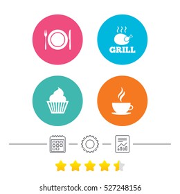 Food and drink icons. Muffin cupcake symbol. Plate dish with fork and knife sign. Hot coffee cup. Calendar, cogwheel and report linear icons. Star vote ranking. Vector
