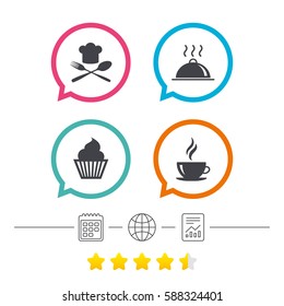 Food and drink icons. Muffin cupcake symbol. Fork and spoon with Chef hat sign. Hot coffee cup. Food platter serving. Calendar, internet globe and report linear icons. Star vote ranking. Vector