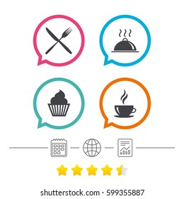 Food and drink icons. Muffin cupcake symbol. Fork and knife sign. Hot coffee cup. Food platter serving. Calendar, internet globe and report linear icons. Star vote ranking. Vector