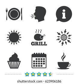 Food and drink icons. Muffin cupcake symbol. Plate dish with fork and knife sign. Hot coffee cup. Information, go to web and calendar icons. Sun and loud speak symbol. Vector