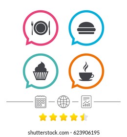 Food and drink icons. Muffin cupcake symbol. Plate dish with fork and knife sign. Hot coffee cup and hamburger. Calendar, internet globe and report linear icons. Star vote ranking. Vector