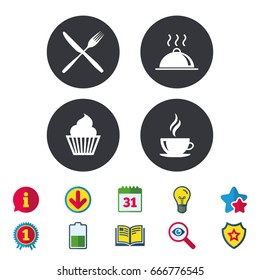 Food and drink icons. Muffin cupcake symbol. Fork and knife sign. Hot coffee cup. Food platter serving. Calendar, Information and Download signs. Stars, Award and Book icons. Vector