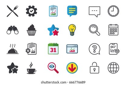 Food and drink icons. Muffin cupcake symbol. Fork and knife sign. Hot coffee cup. Food platter serving. Chat, Report and Calendar signs. Stars, Statistics and Download icons. Question, Clock and Globe