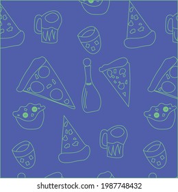 Food and drink icons on blue background