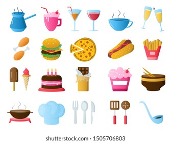 Food and drink icons. Restaurant line icons set. Colourful vector illustration.