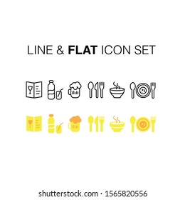 Food and drink icons. Restaurant line & flat icons set. Colourful vector illustration.