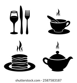 food drink icons, restaurant menu symbols, mealtime vector set


