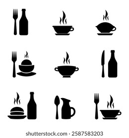 food and drink icons, restaurant menu symbols, mealtime vector set